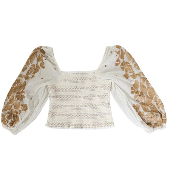 Anthro Embroidered Floral Sequin Beaded Embellished Balloon Sleeve Blouse Top - Picture 6 of 15